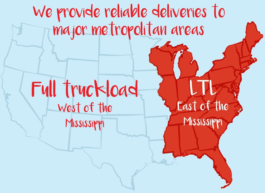 We provide reliable LTL deliveries to major metropolitan areas east of the Mississippi.